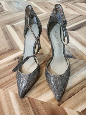 ALDO Metallic Glitter Pointed-Toe Ankle-Strap Heels - Silver